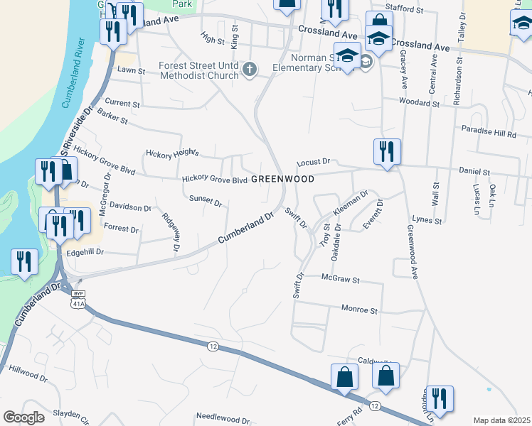 map of restaurants, bars, coffee shops, grocery stores, and more near 930 Cumberland Drive in Clarksville