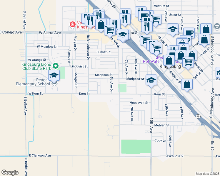 map of restaurants, bars, coffee shops, grocery stores, and more near 333 Kern Street in Kingsburg
