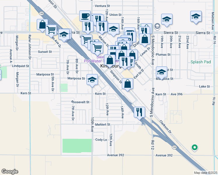 map of restaurants, bars, coffee shops, grocery stores, and more near 1180 Lewis Street in Kingsburg