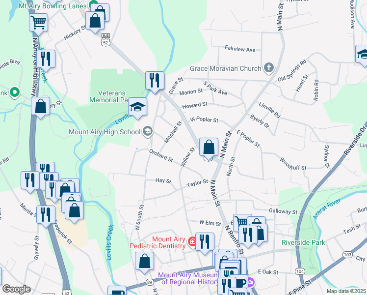 map of restaurants, bars, coffee shops, grocery stores, and more near 221 Mayberry Avenue in Mount Airy