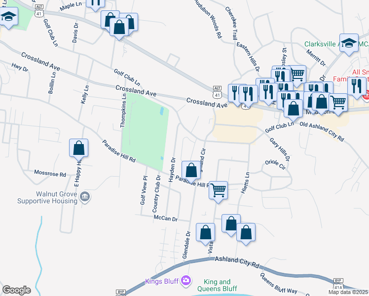 map of restaurants, bars, coffee shops, grocery stores, and more near 1614 Golf Club Lane in Clarksville
