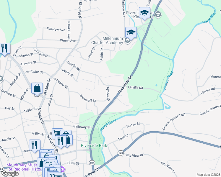 map of restaurants, bars, coffee shops, grocery stores, and more near 502 Linville Road in Mount Airy