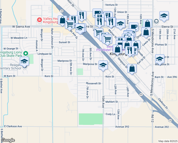 map of restaurants, bars, coffee shops, grocery stores, and more near 780 Lake Street in Kingsburg
