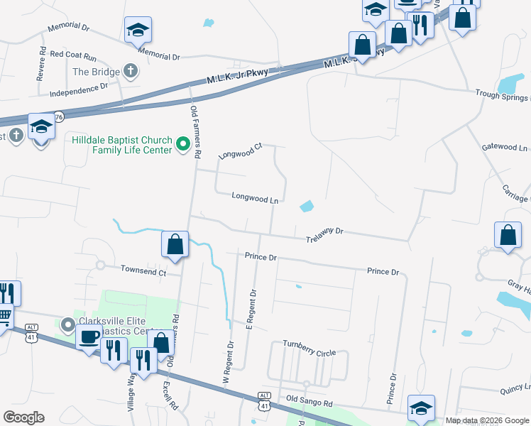 map of restaurants, bars, coffee shops, grocery stores, and more near 212 Ashebrooke Lane in Clarksville