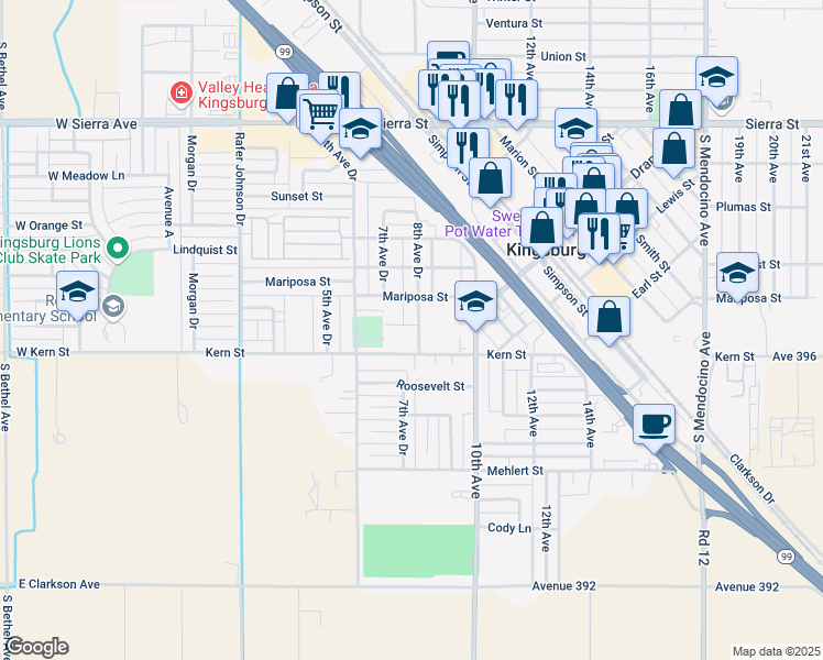 map of restaurants, bars, coffee shops, grocery stores, and more near 780 Lake Street in Kingsburg