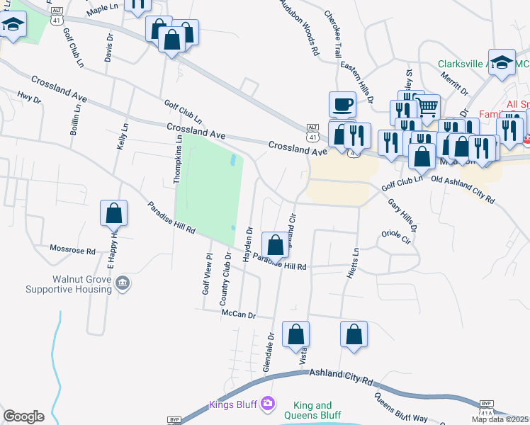 map of restaurants, bars, coffee shops, grocery stores, and more near 1614 Golf Club Lane in Clarksville
