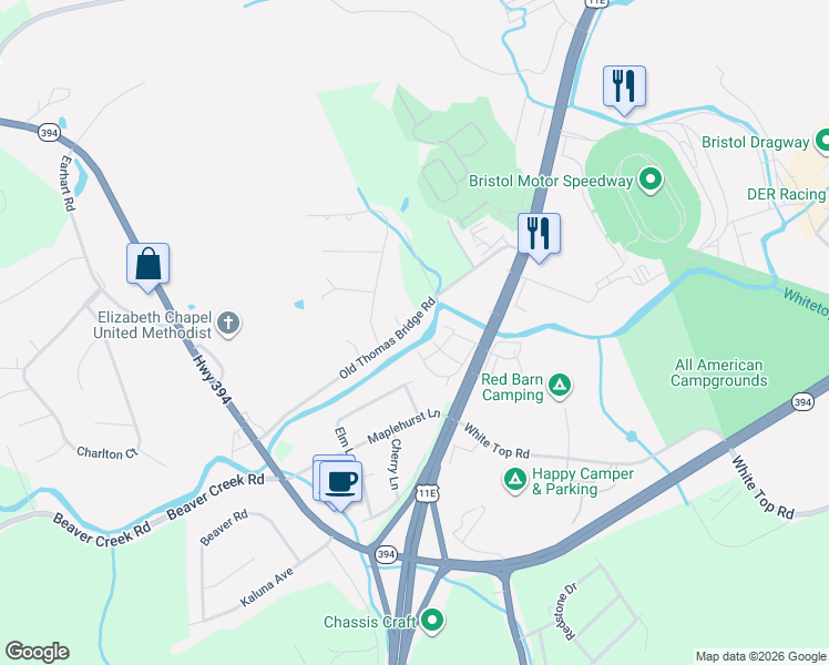 map of restaurants, bars, coffee shops, grocery stores, and more near 223 Old Thomas Bridge Rd in Bluff City