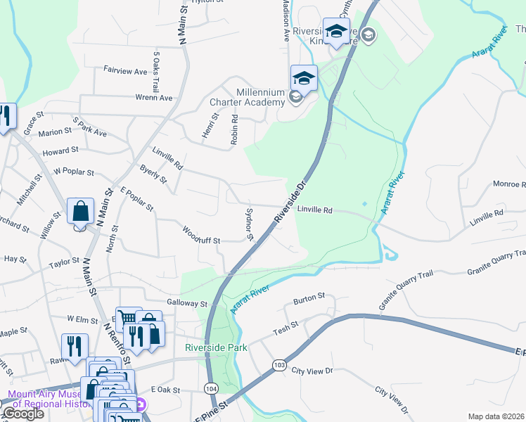 map of restaurants, bars, coffee shops, grocery stores, and more near 502 Linville Road in Mount Airy