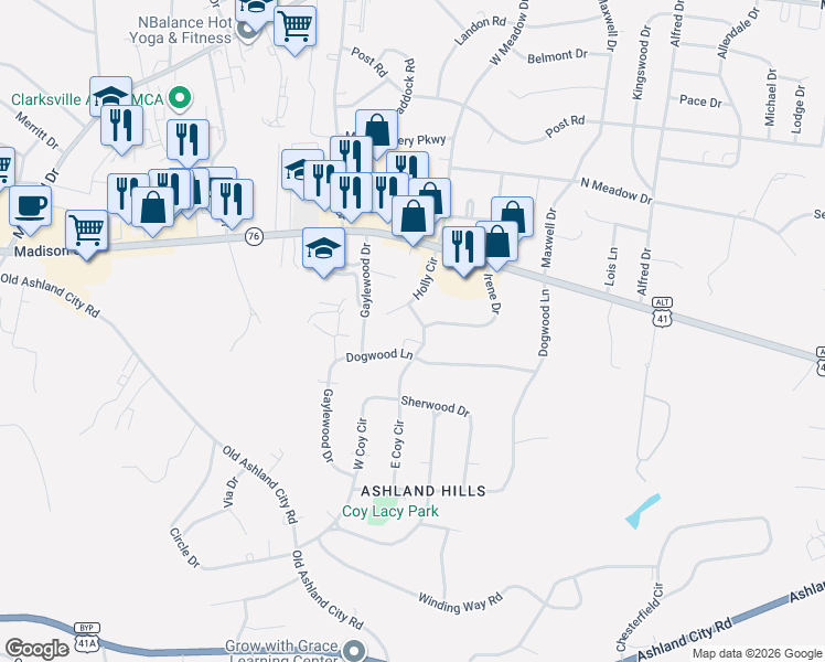map of restaurants, bars, coffee shops, grocery stores, and more near 306 Locust Road in Clarksville