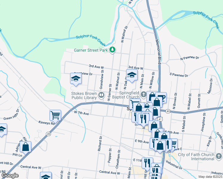 map of restaurants, bars, coffee shops, grocery stores, and more near 326 North Garner Street in Springfield
