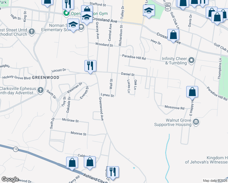 map of restaurants, bars, coffee shops, grocery stores, and more near 946 Richardson Street in Clarksville
