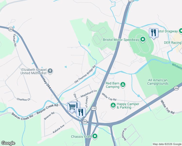map of restaurants, bars, coffee shops, grocery stores, and more near 223 Old Thomas Bridge Rd in Bluff City