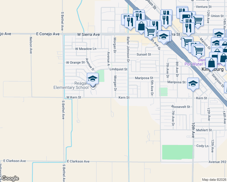 map of restaurants, bars, coffee shops, grocery stores, and more near 1141 Morgan Drive in Kingsburg