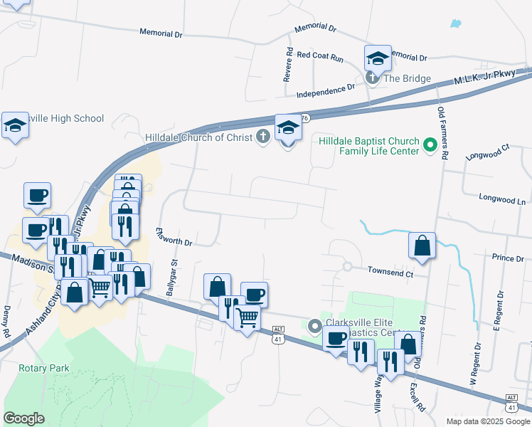 map of restaurants, bars, coffee shops, grocery stores, and more near 261 Bellshire Drive in Clarksville