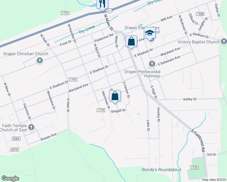 map of restaurants, bars, coffee shops, grocery stores, and more near 208 S Byrd St in Eden