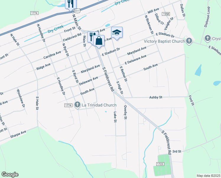 map of restaurants, bars, coffee shops, grocery stores, and more near 311 South Fieldcrest Road in Eden