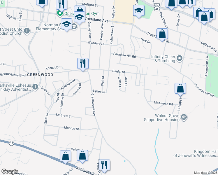 map of restaurants, bars, coffee shops, grocery stores, and more near 945 Richardson Street in Clarksville