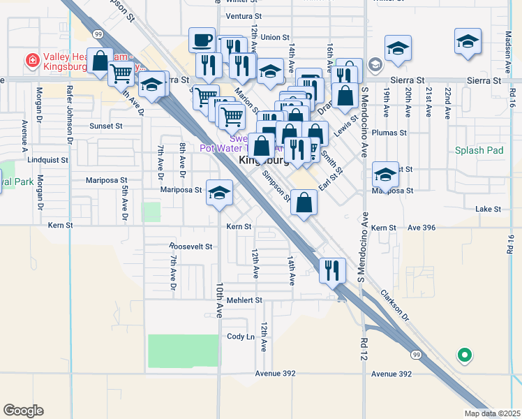 map of restaurants, bars, coffee shops, grocery stores, and more near 1180 Lewis Street in Kingsburg