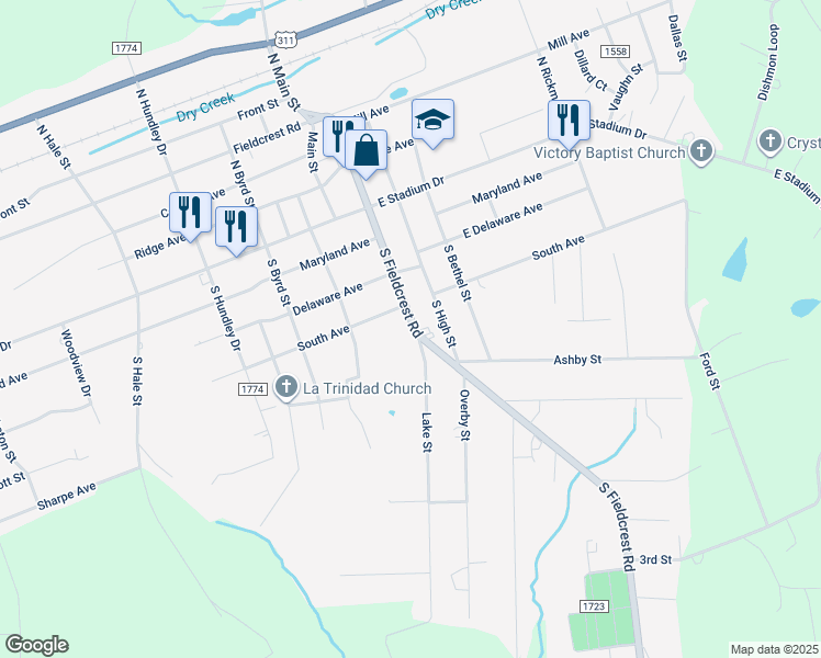 map of restaurants, bars, coffee shops, grocery stores, and more near 311 South Fieldcrest Road in Eden