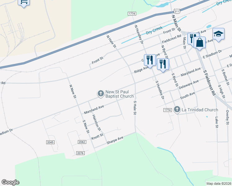 map of restaurants, bars, coffee shops, grocery stores, and more near 1102 East Stadium Drive in Eden
