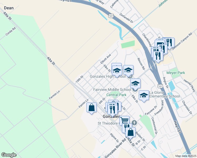map of restaurants, bars, coffee shops, grocery stores, and more near 209 8th Street in Soledad