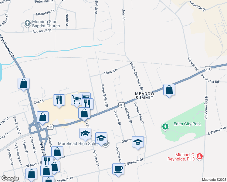 map of restaurants, bars, coffee shops, grocery stores, and more near 323 Frank Cherry St in Eden