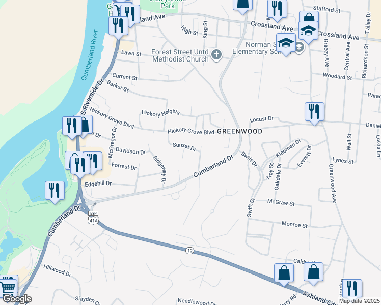 map of restaurants, bars, coffee shops, grocery stores, and more near 1030 Sunset Drive in Clarksville