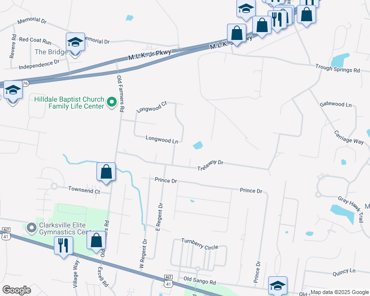 map of restaurants, bars, coffee shops, grocery stores, and more near 228 Longwood Lane in Clarksville