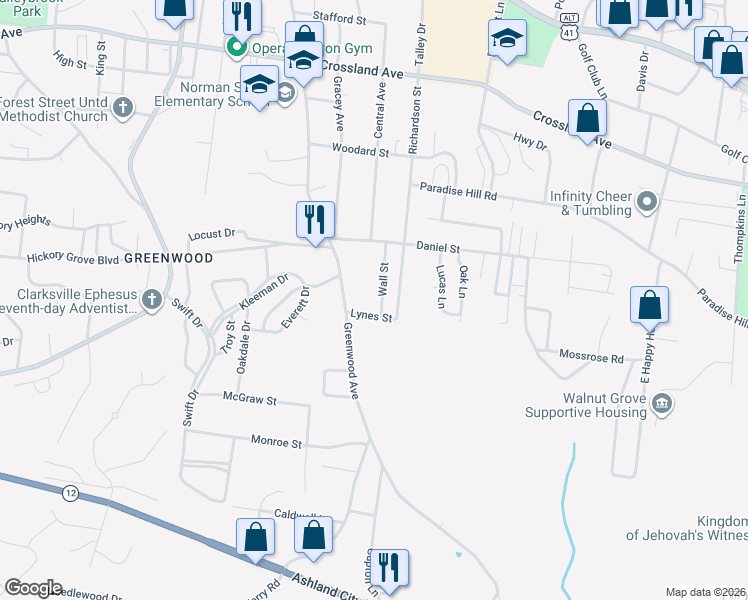 map of restaurants, bars, coffee shops, grocery stores, and more near 946 Richardson Street in Clarksville