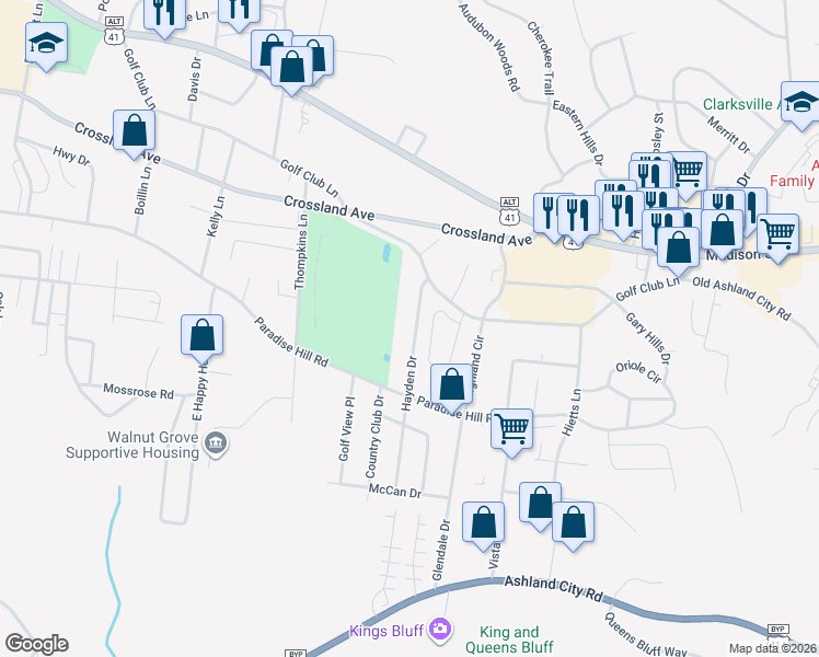 map of restaurants, bars, coffee shops, grocery stores, and more near 770 Hayden Drive in Clarksville