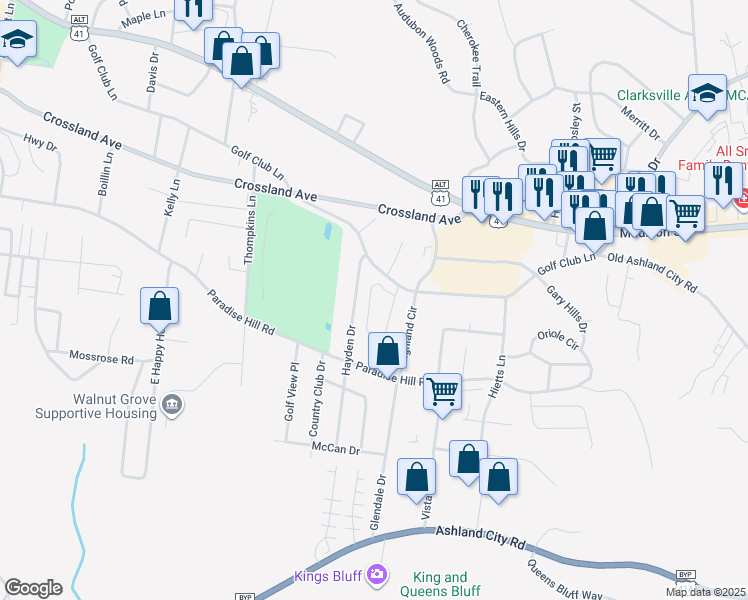 map of restaurants, bars, coffee shops, grocery stores, and more near 1614 Golf Club Lane in Clarksville