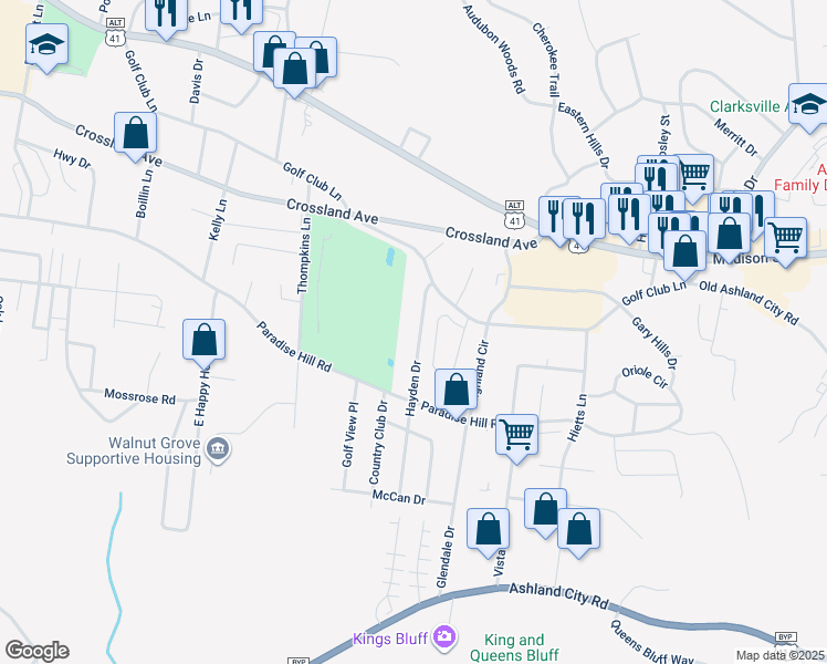 map of restaurants, bars, coffee shops, grocery stores, and more near 770 Hayden Drive in Clarksville