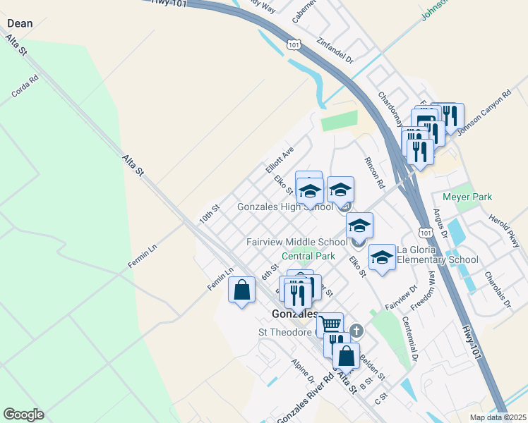 map of restaurants, bars, coffee shops, grocery stores, and more near 217 8th Street in Gonzales