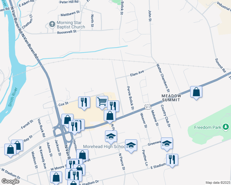 map of restaurants, bars, coffee shops, grocery stores, and more near 336 Johnsie and Billie Harris Street in Eden
