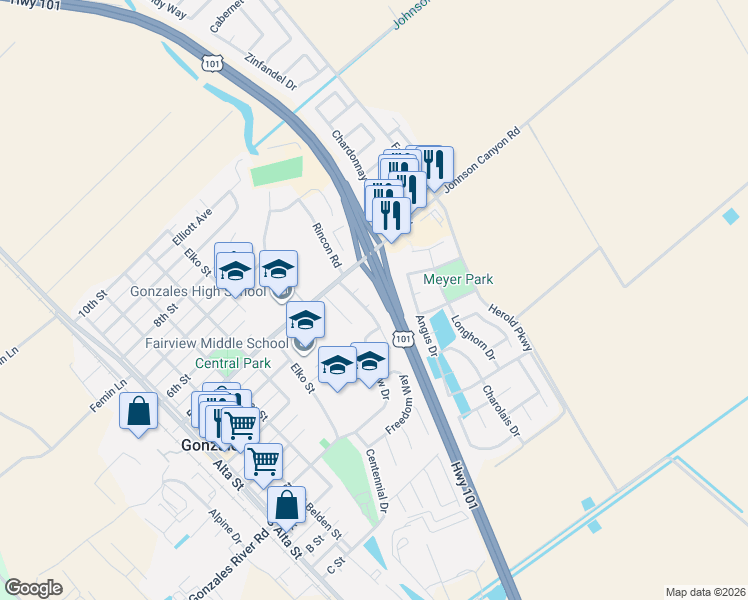 map of restaurants, bars, coffee shops, grocery stores, and more near 402 Rincon Court in Gonzales