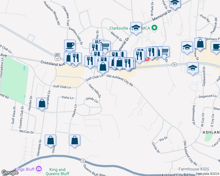 map of restaurants, bars, coffee shops, grocery stores, and more near 1 Proctor Drive in Clarksville