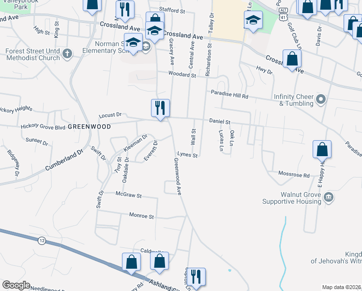 map of restaurants, bars, coffee shops, grocery stores, and more near 923 Greenwood Avenue in Clarksville