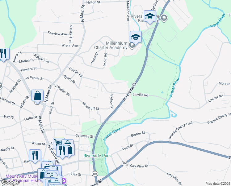 map of restaurants, bars, coffee shops, grocery stores, and more near 502 Linville Road in Mount Airy