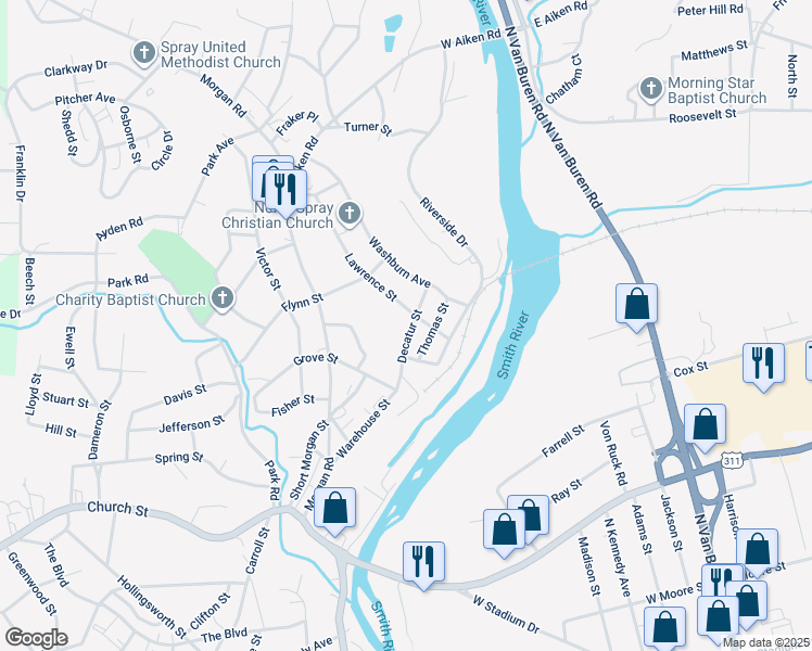 map of restaurants, bars, coffee shops, grocery stores, and more near 421 Decatur Street in Eden