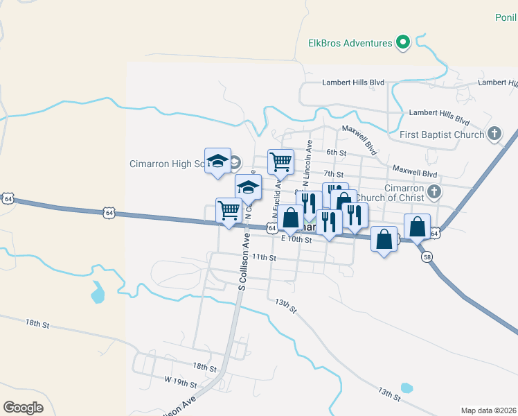 map of restaurants, bars, coffee shops, grocery stores, and more near 132 North Collison Avenue in Cimarron