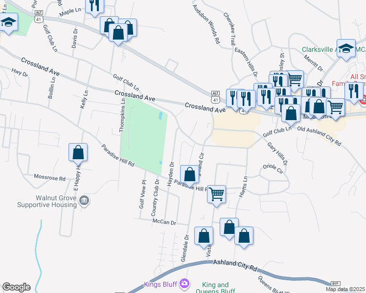 map of restaurants, bars, coffee shops, grocery stores, and more near 1614 Golf Club Lane in Clarksville