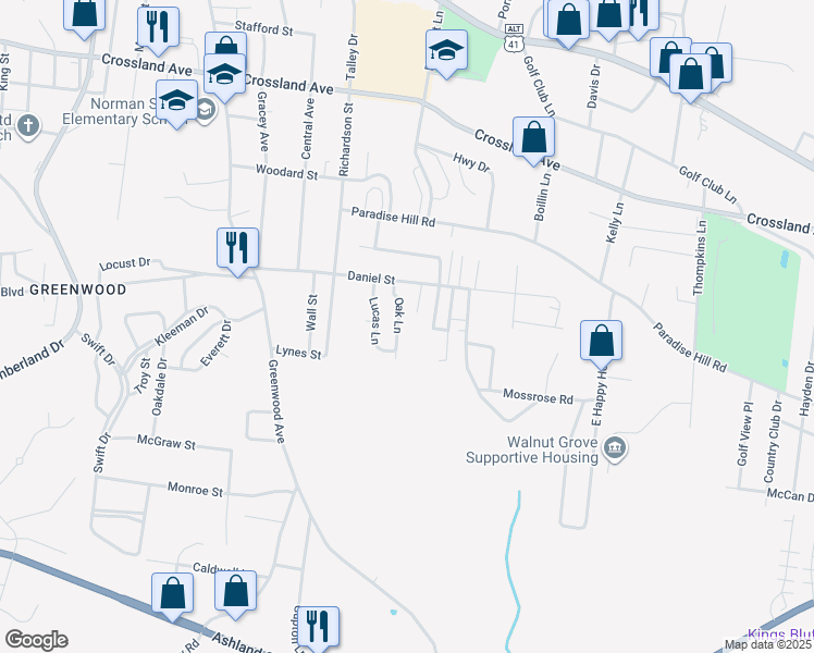 map of restaurants, bars, coffee shops, grocery stores, and more near 924 Oak Lane in Clarksville