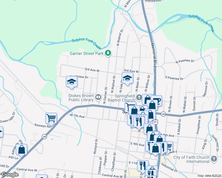 map of restaurants, bars, coffee shops, grocery stores, and more near 326 North Garner Street in Springfield