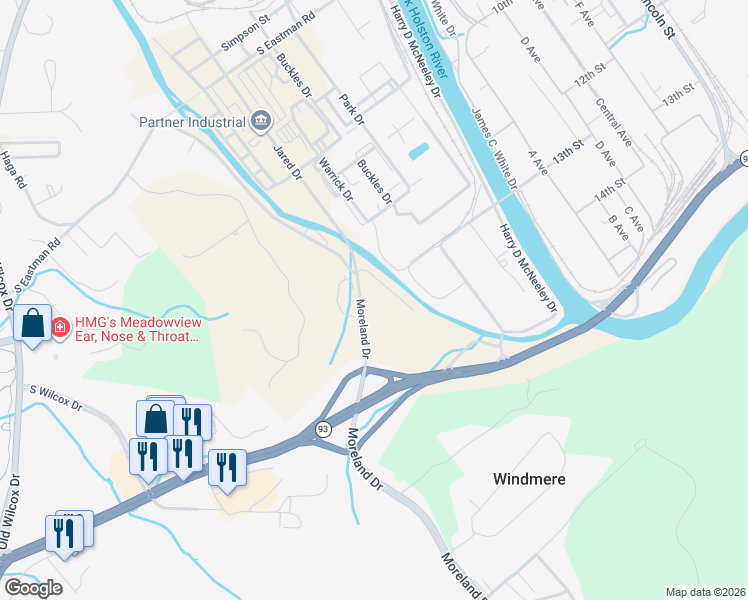 map of restaurants, bars, coffee shops, grocery stores, and more near 425 Moreland Drive in Kingsport