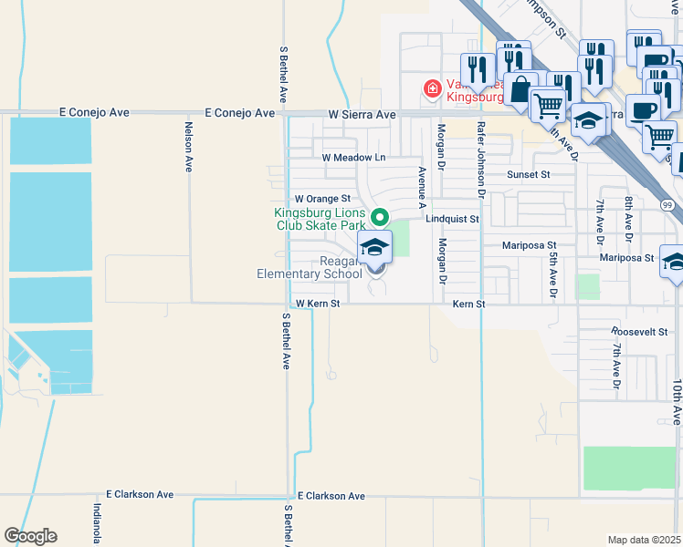 map of restaurants, bars, coffee shops, grocery stores, and more near 1175 Diane Avenue in Kingsburg