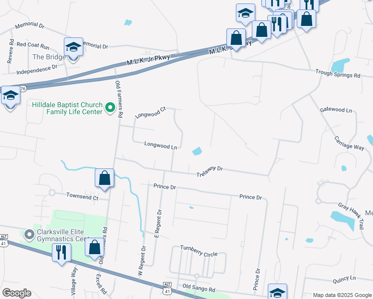 map of restaurants, bars, coffee shops, grocery stores, and more near 228 Longwood Lane in Clarksville