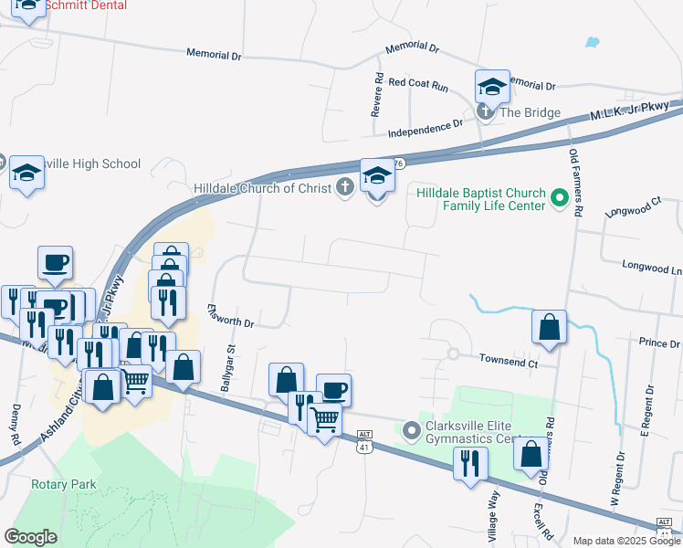 map of restaurants, bars, coffee shops, grocery stores, and more near 261 Bellshire Drive in Clarksville