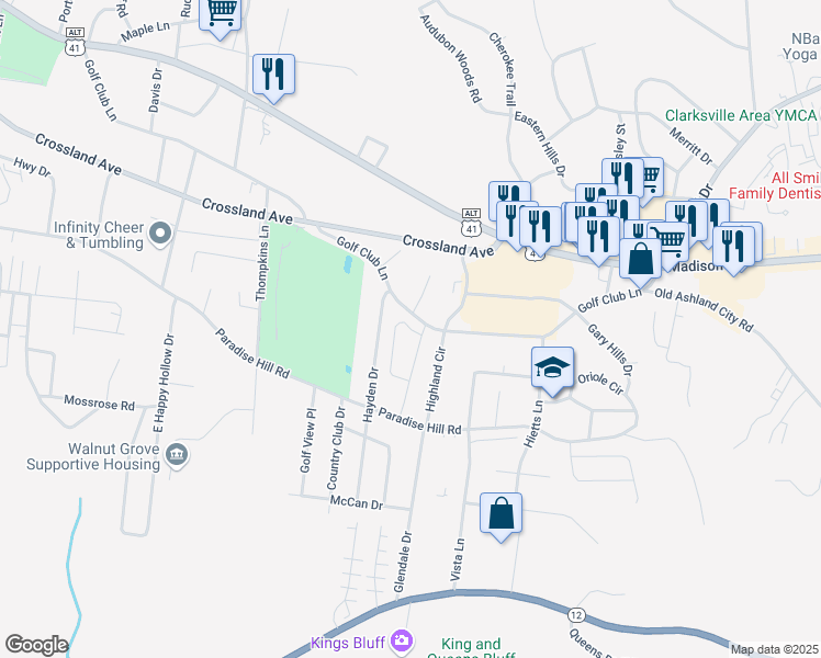 map of restaurants, bars, coffee shops, grocery stores, and more near 1614 Golf Club Lane in Clarksville