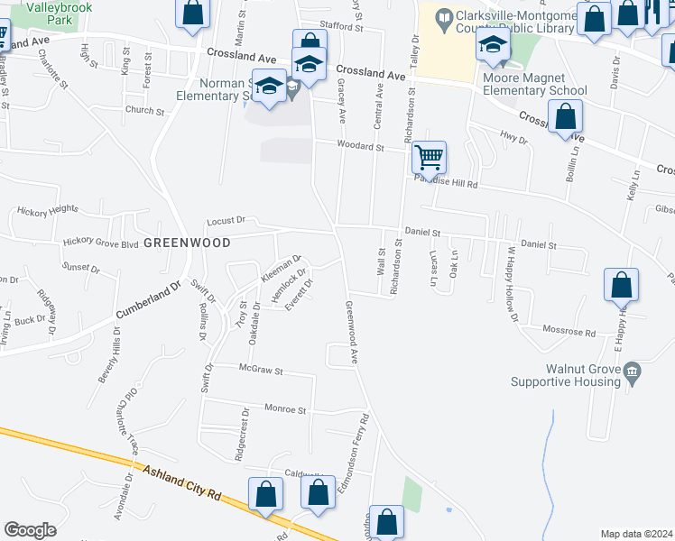 map of restaurants, bars, coffee shops, grocery stores, and more near 918 Greenwood Avenue in Clarksville