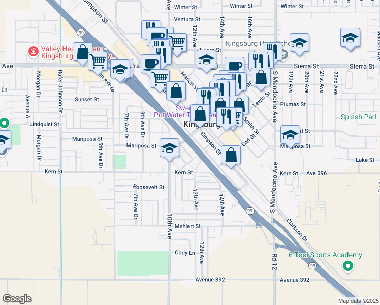 map of restaurants, bars, coffee shops, grocery stores, and more near 1180 Lewis Street in Kingsburg